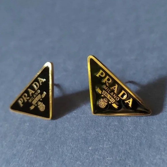 PRADA Logo Black and Gold Triangle Earrings - Picture 1 of 3